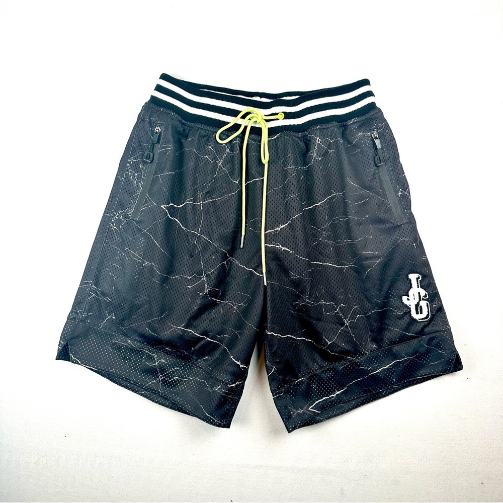John Geiger JG Chenille Black Marble Logo Mesh Basketball Shorts Sporty Athletic